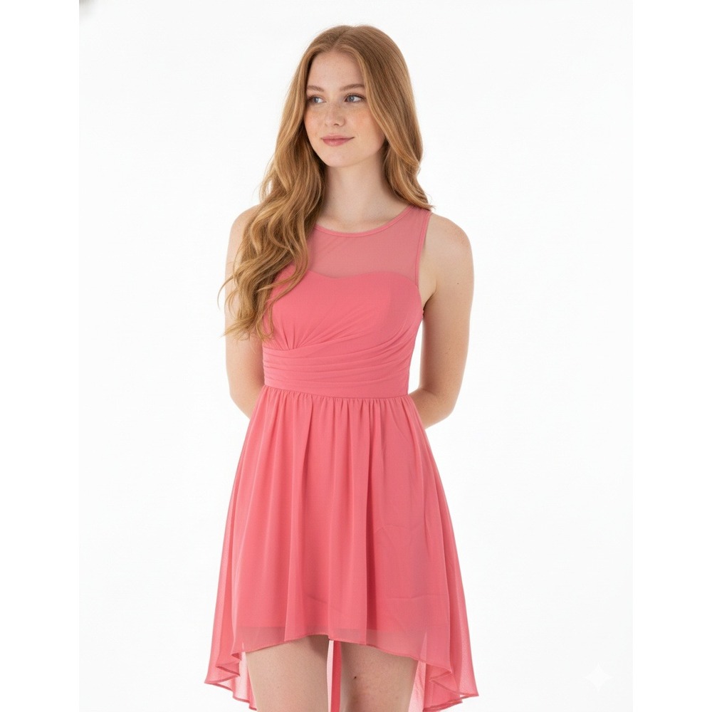 Alfred Angelo High-Low Bridesmaid Dress Womens 2 Coral Pink Illusion Neck 7298S